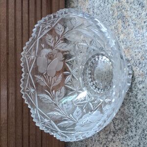 Vintage Lead Cut Crystal Footed Bowl Etched Rose Scalloped Sawtooth Edge